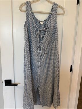 All:Row Blue Gingham Button-Front Midi Dress with Tie Details